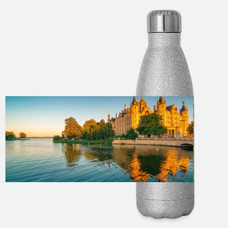Castle in Schwerin at sunset Panoramic Glitter Thermal Bottle 500 ml