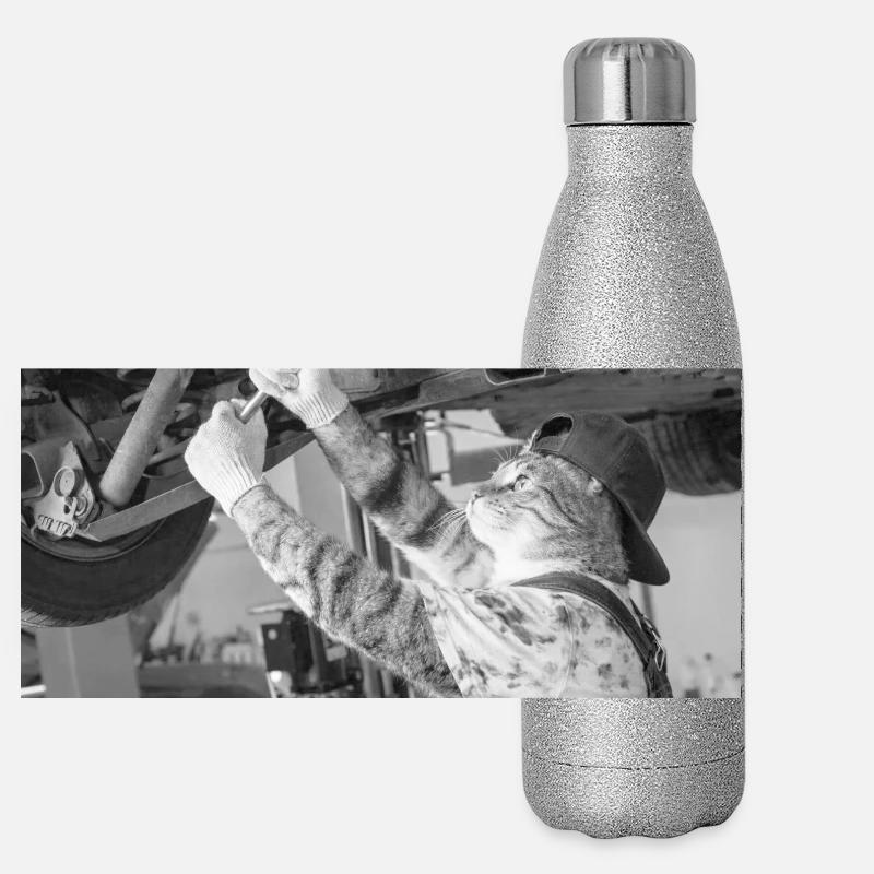 Katzenmechaniker unter dem Auto Panorama Glitzer Isolierflasche 500 ml