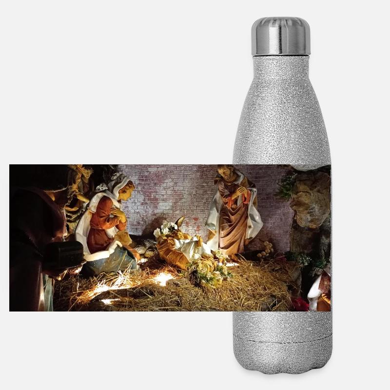 Illuminierte Krippe zwischen Steinen Panorama Glitzer Isolierflasche 500 ml