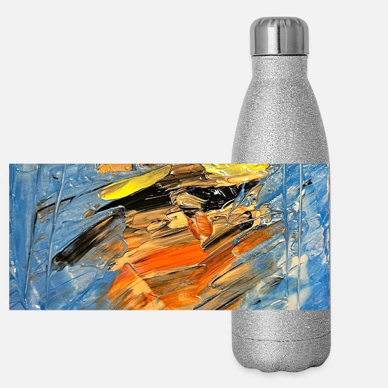 Blauer Farbwirbel im Orange Panorama Glitzer Isolierflasche 500 ml