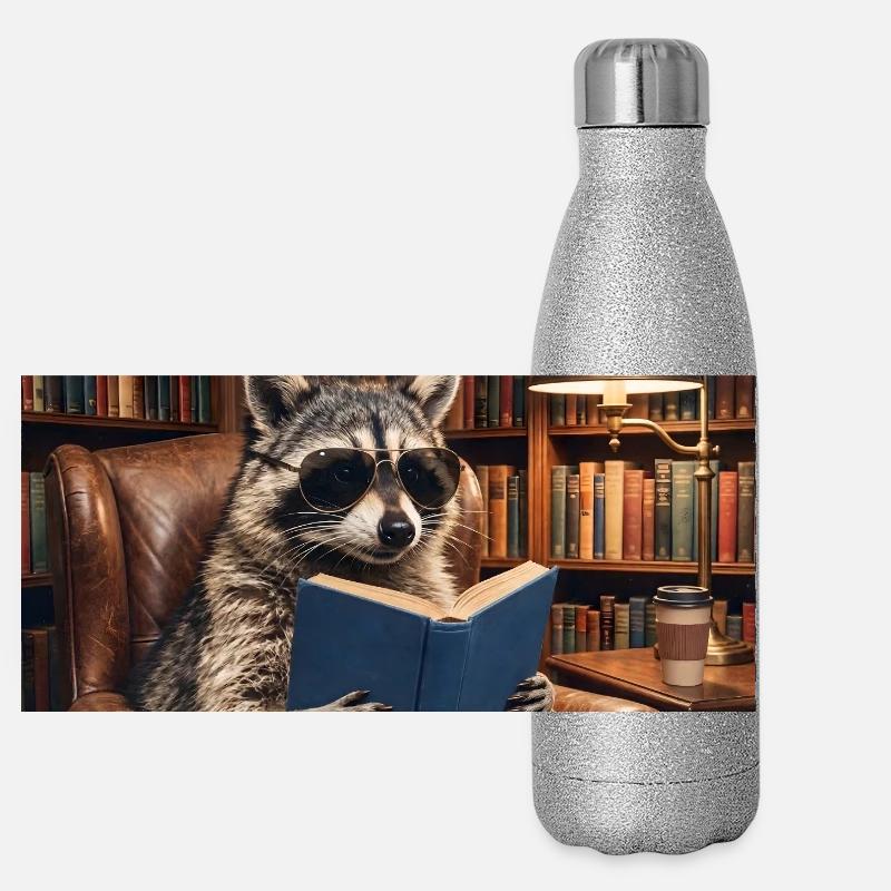 Lesender Waschbär in Bibliothek Panorama Glitzer Isolierflasche 500 ml