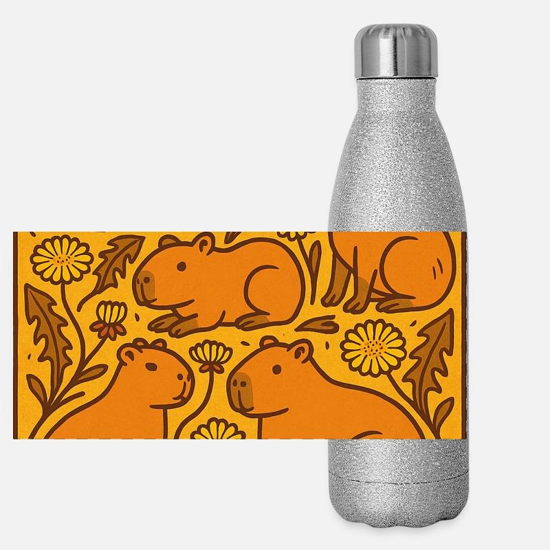 Capybara-Chor in Blüte Panorama Glitzer Isolierflasche 500 ml