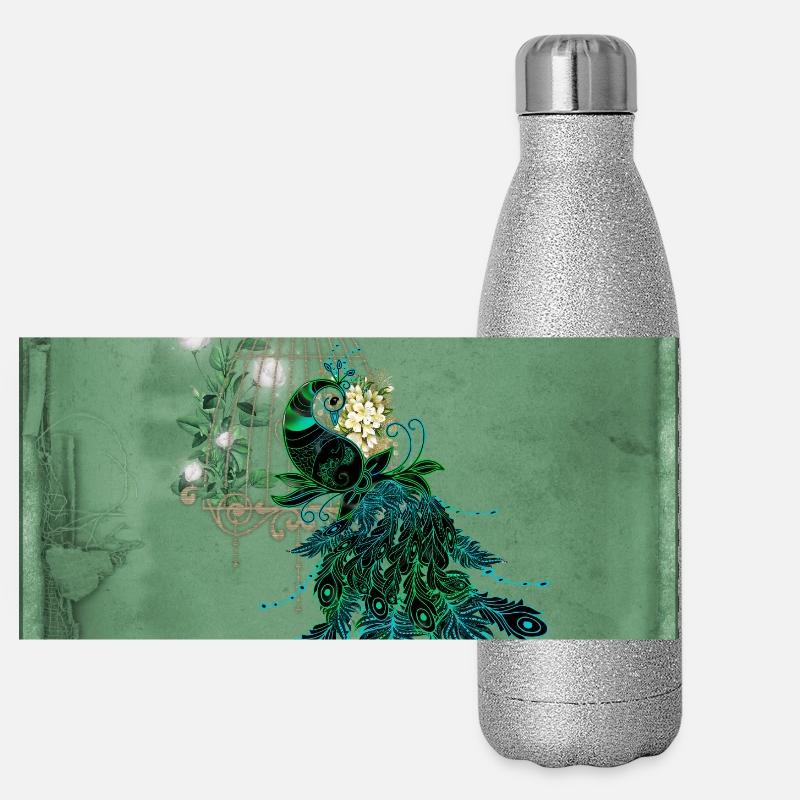 Paon élégant avec cage et fleurs. Gourde isotherme panoramique pailletée 500 ml