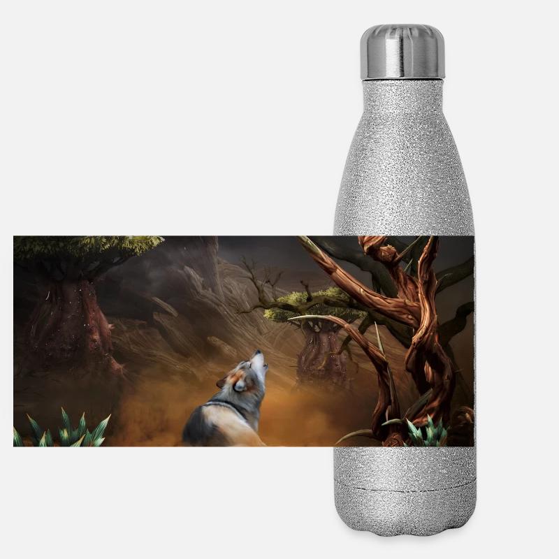 Toller Wolf in der dunklen Nacht Panorama Glitzer Isolierflasche 500 ml