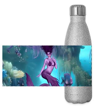 Merveilleuse sirène dans les profondeurs de l’océan - Gourde isotherme panoramique pailletée 500 ml - paillettes argentées - Devant