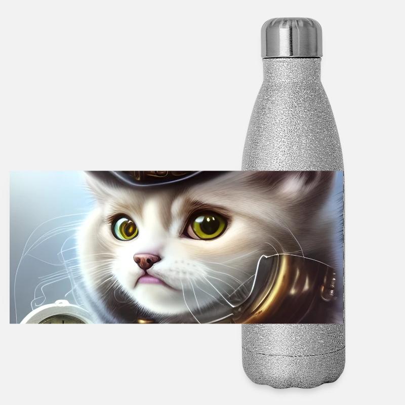 Cute steampunk kitten Panoramic Glitter Thermal Bottle 500 ml