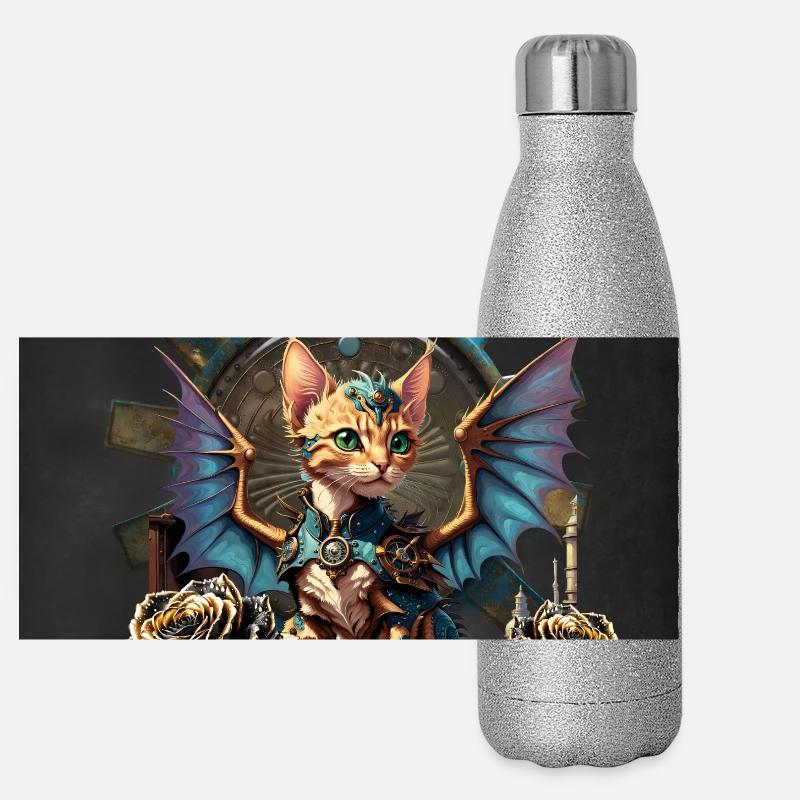 Wunderbare Fantasy-Steampunk-Katze. Panorama Glitzer Isolierflasche 500 ml