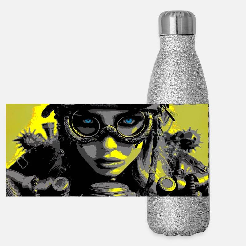 Steampunk-Biker Panorama Glitzer Isolierflasche 500 ml