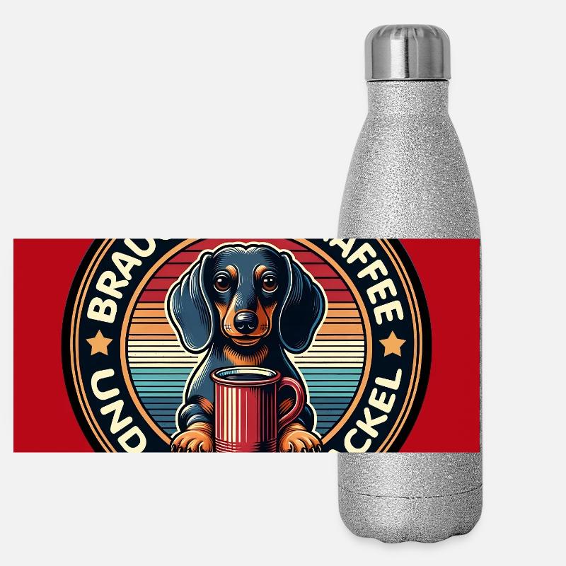 Hund Dackel mit Kaffeetasse Humormotiv Panorama Glitzer Isolierflasche 500 ml