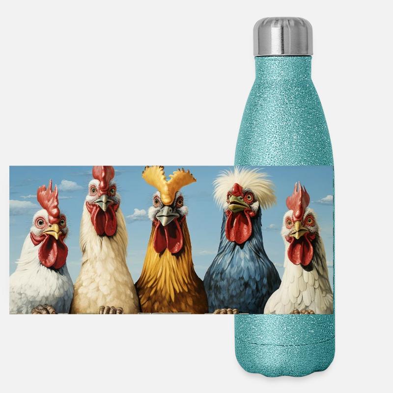 Humorous chicken family in comic style Panoramic Glitter Thermal Bottle 500 ml