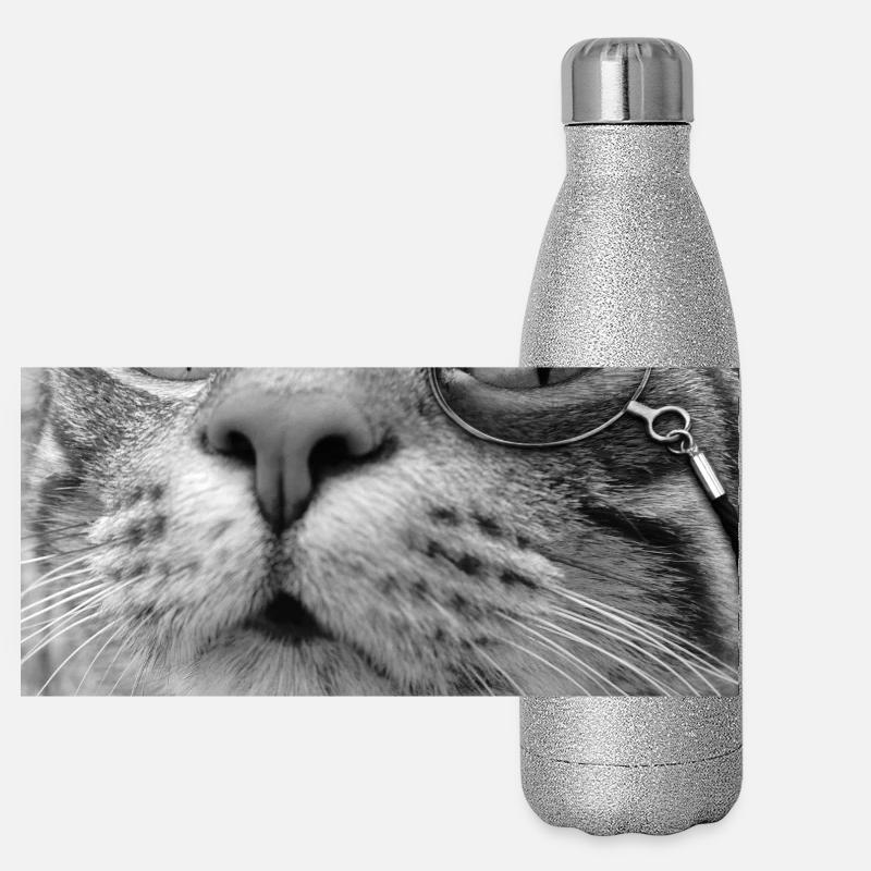 Monocle Cat Black & White - Panoramic Glitter Thermal Bottle 500 ml - silver glitter