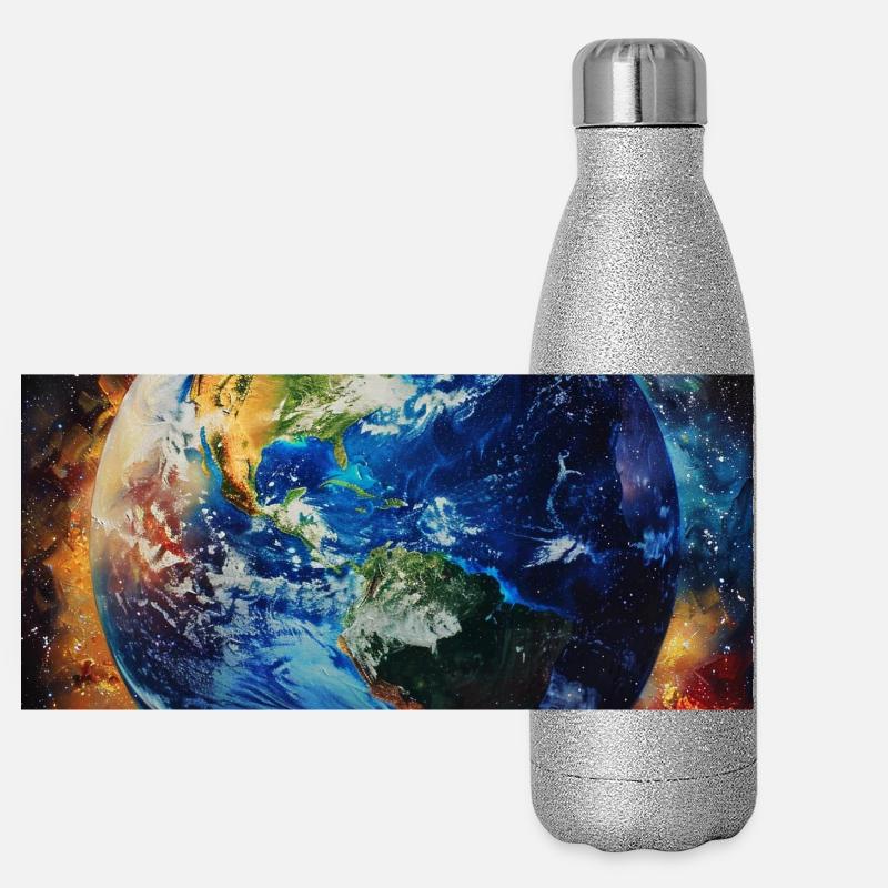 Erde im kosmischen Feuer Panorama Glitzer Isolierflasche 500 ml