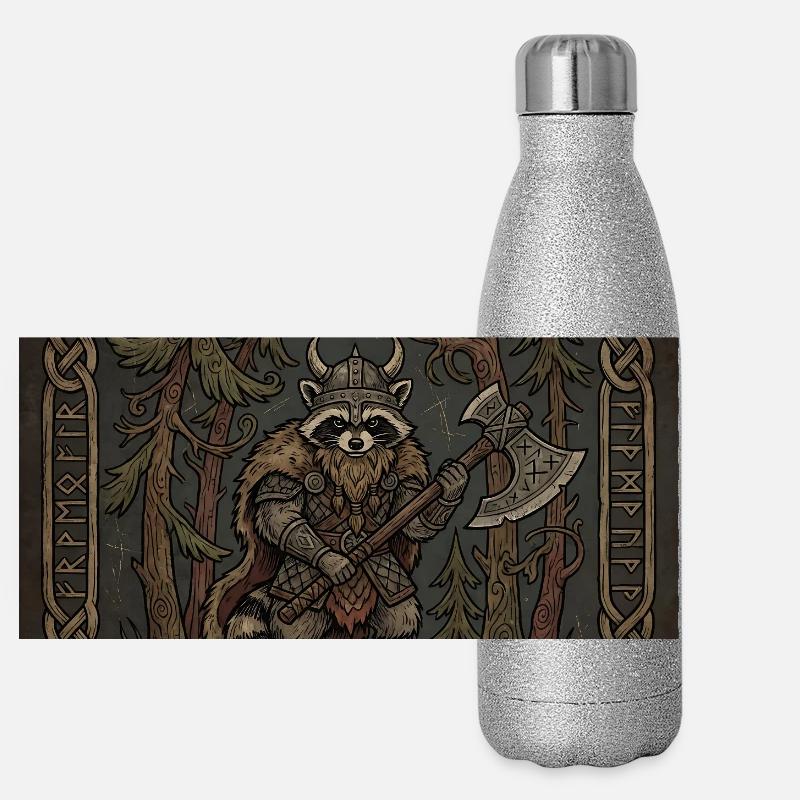 Wikinger Waschbär Krieger Mit Runenaxt Panorama Glitzer Isolierflasche 500 ml