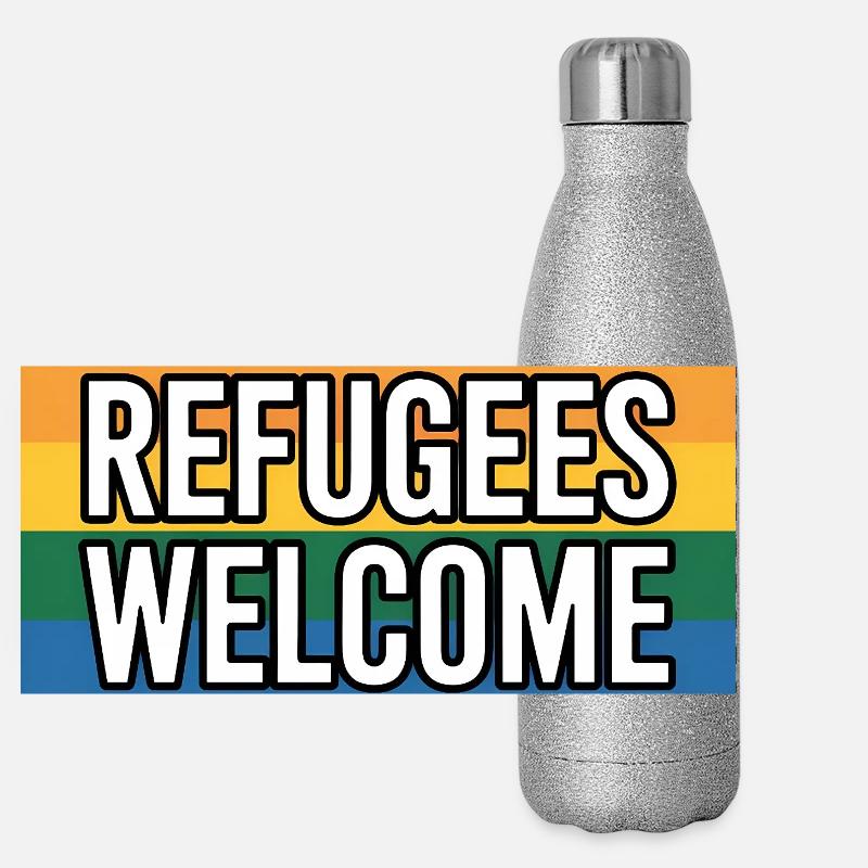Refugees Welcome - Antifascist Merch Panoramic Glitter Thermal Bottle 500 ml
