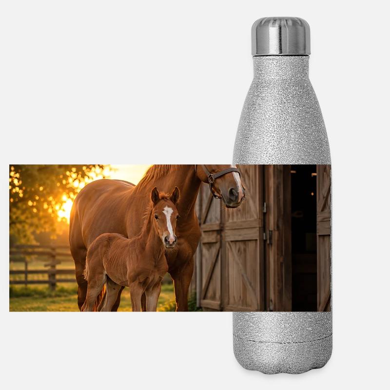 Sunset, mare with foal Panoramic Glitter Thermal Bottle 500 ml
