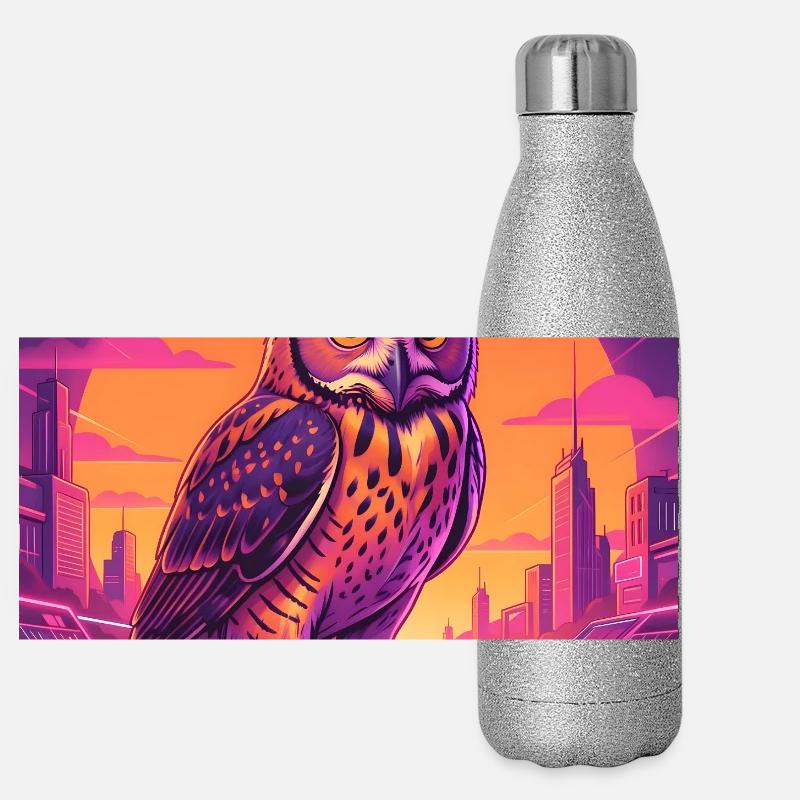 Neon Eulen im Cyberpunk-Stadtlicht Panorama Glitzer Isolierflasche 500 ml