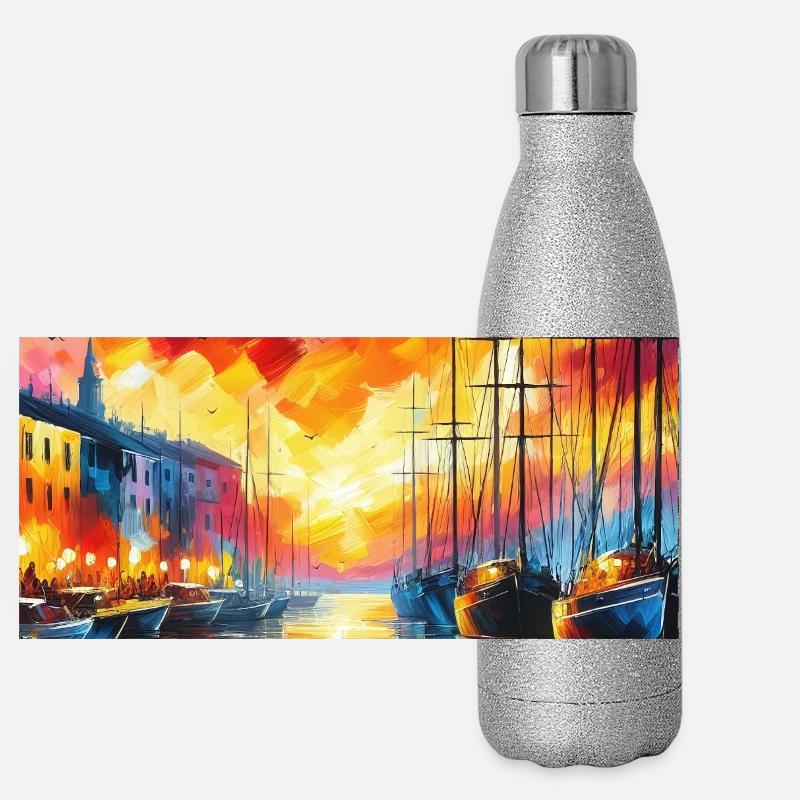 Coucher de soleil vibrant sur le port avec des bateaux et des couleurs Gourde isotherme panoramique pailletée 500 ml