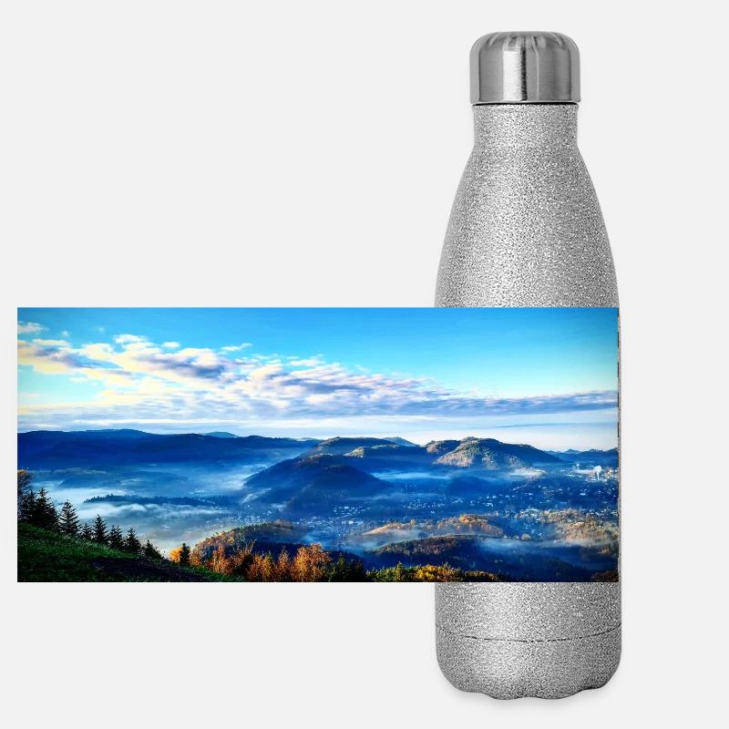 Paysage montagneux matinal de brouillard Gourde isotherme panoramique pailletée 500 ml