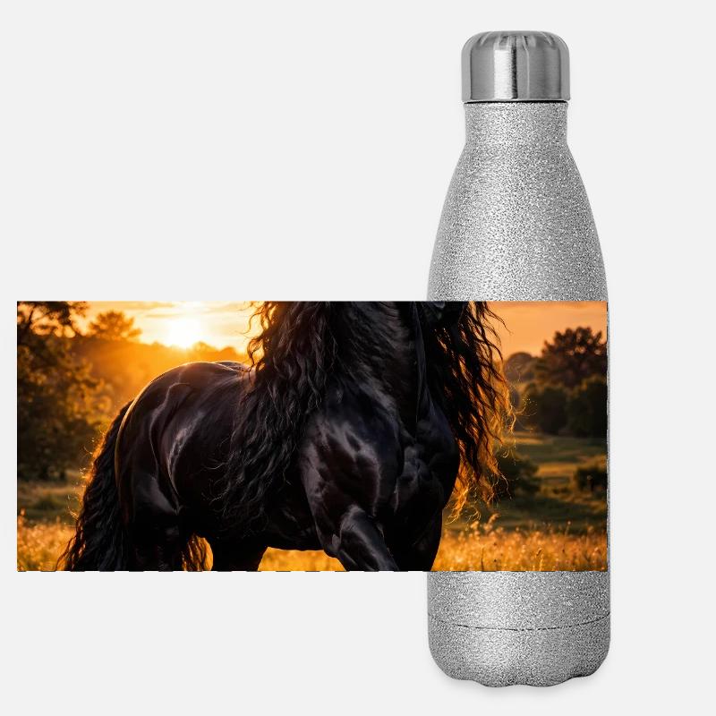 Abendlicht Schwarzpferd Panorama Glitzer Isolierflasche 500 ml