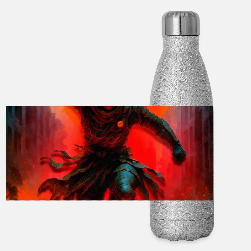 Feuriger Ninja im Kampf Panorama Glitzer Isolierflasche 500 ml