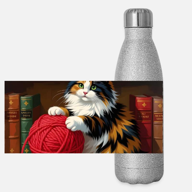 Katzenglanz: Kätzchen mit rotem Garn im Regal Panorama Glitzer Isolierflasche 500 ml