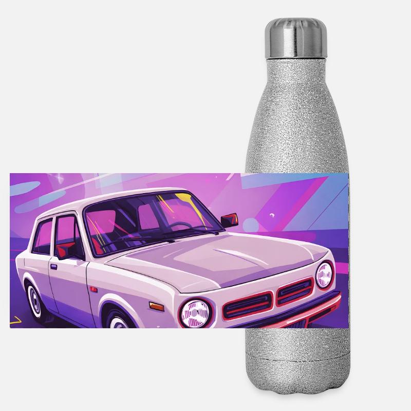 Synthwave Auto im Retro-Stil Panorama Glitzer Isolierflasche 500 ml
