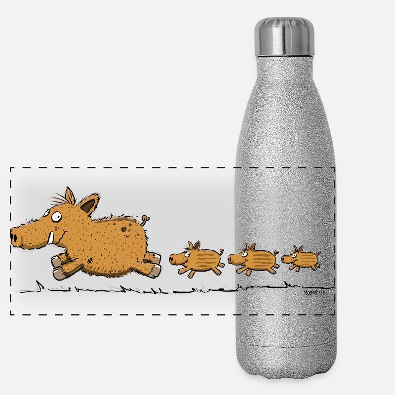 Sanglier sauvage avec des petits, baleine, forêt, chasseur Gourde isotherme panoramique pailletée 500 ml