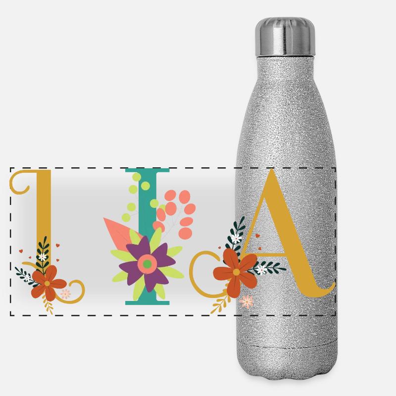 LIA Namenskunst mit gestickten Blumen Panorama Glitzer Isolierflasche 500 ml