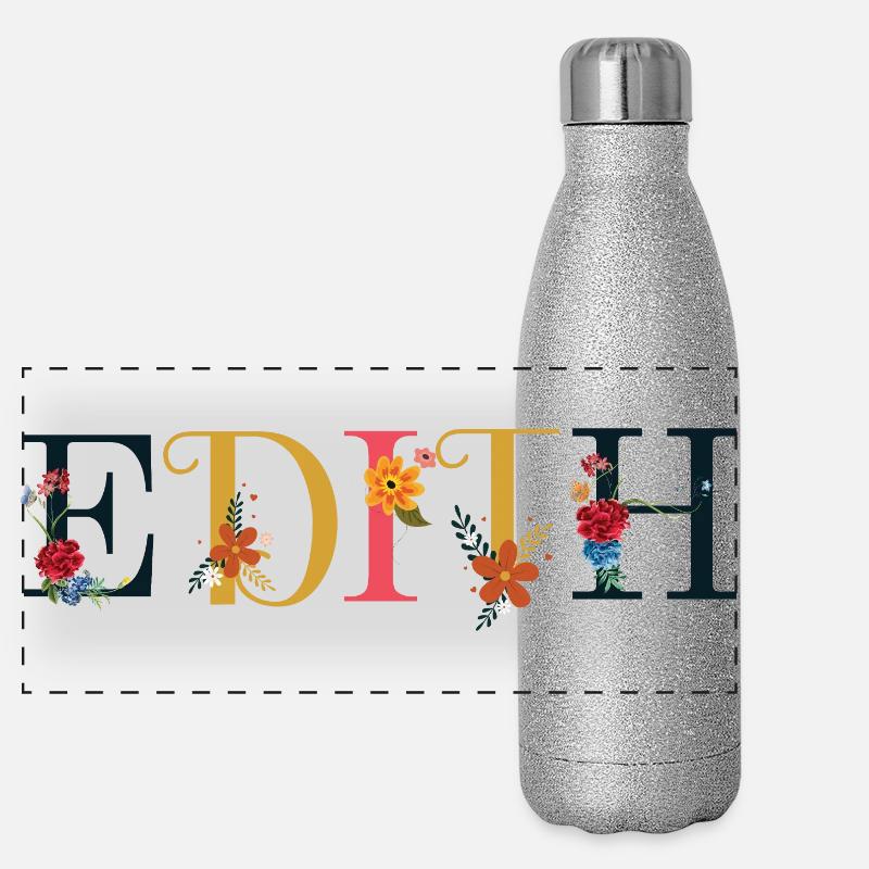 EDITH Name mit Blumen geschmückt - Panorama Glitzer Isolierflasche 500 ml - Silber Glitzer