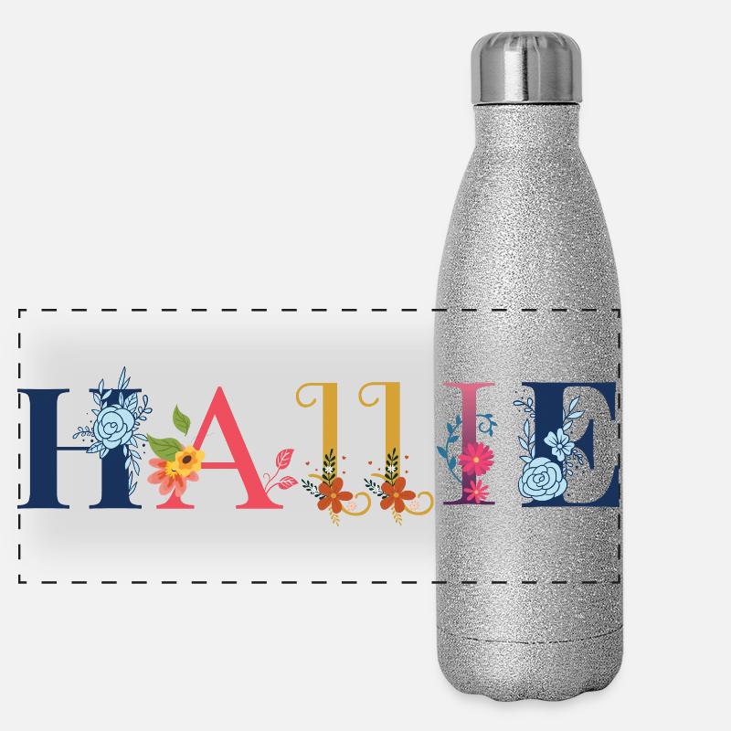 HALLIE Name mit Blumen geschmückt Panorama Glitzer Isolierflasche 500 ml