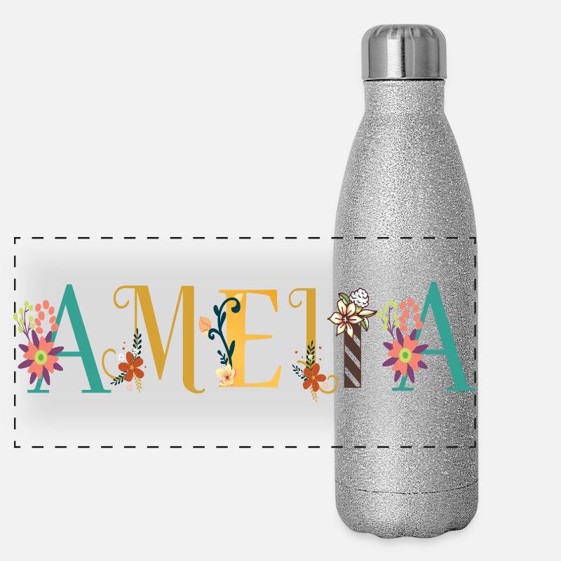 AMELIA Namenskunst mit gestickten Blumen Panorama Glitzer Isolierflasche 500 ml