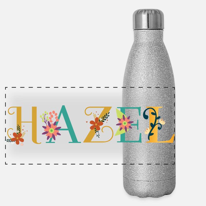 HAZEL Namenskunst mit Blumen gestickt Panorama Glitzer Isolierflasche 500 ml