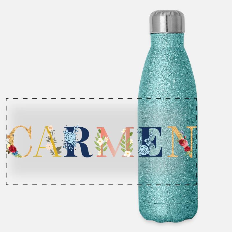 Art du nom CARMEN avec fleurs brodées Gourde isotherme panoramique pailletée 500 ml