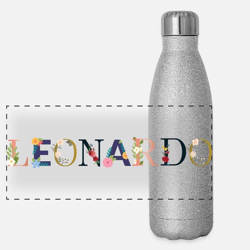 LEONARDO Name mit Blumen geschmückt Panorama Glitzer Isolierflasche 500 ml