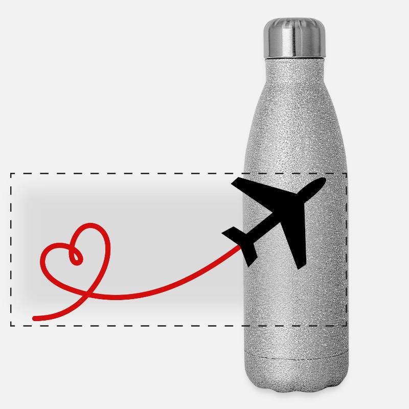 Flugzeug Flieger mit Herz in schwarz rot Panorama Glitzer Isolierflasche 500 ml