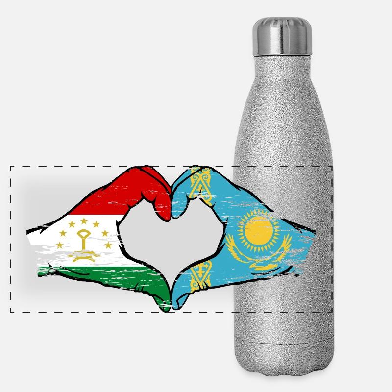 Drapeau du Kazakhstan Mains en forme de cœur Gourde isotherme panoramique pailletée 500 ml