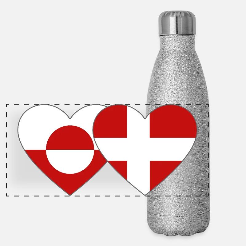 Drapeau du Groenland Danemark Cœur Gourde isotherme panoramique pailletée 500 ml