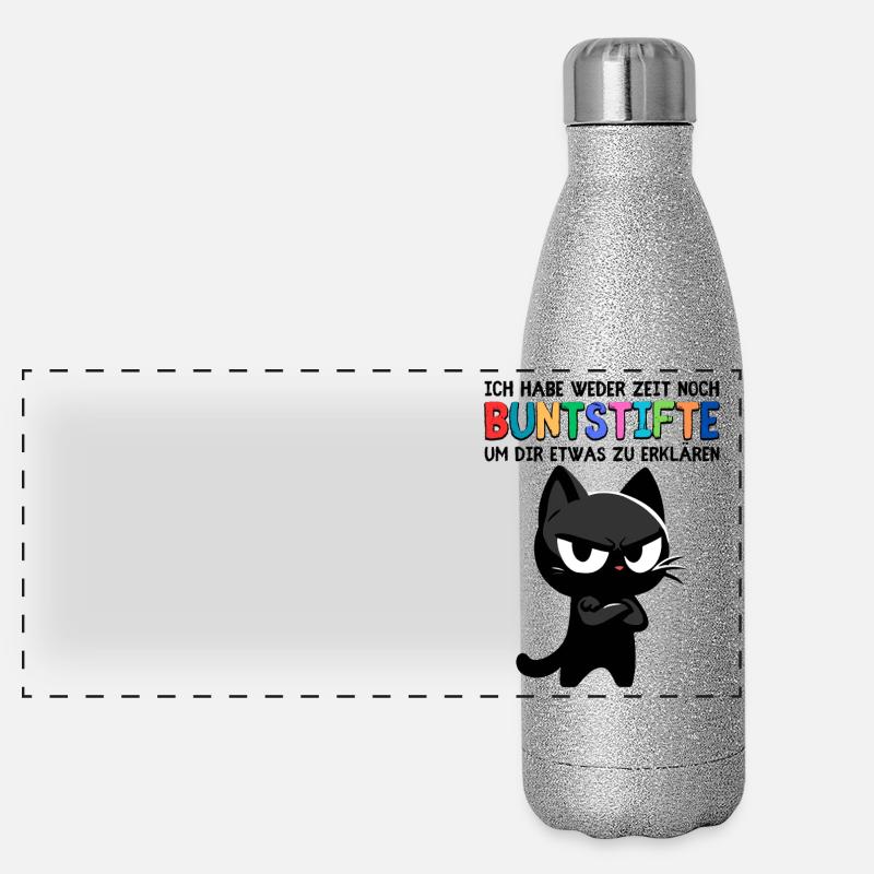 Genervte Katze & Buntstifte – Schulstart Hölle Panorama Glitzer Isolierflasche 500 ml