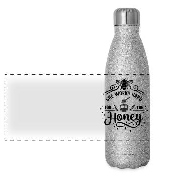 She works hard for the Honey hard working Bee - Panorama Glitzer Isolierflasche 500 ml - Silber Glitzer - Vorne