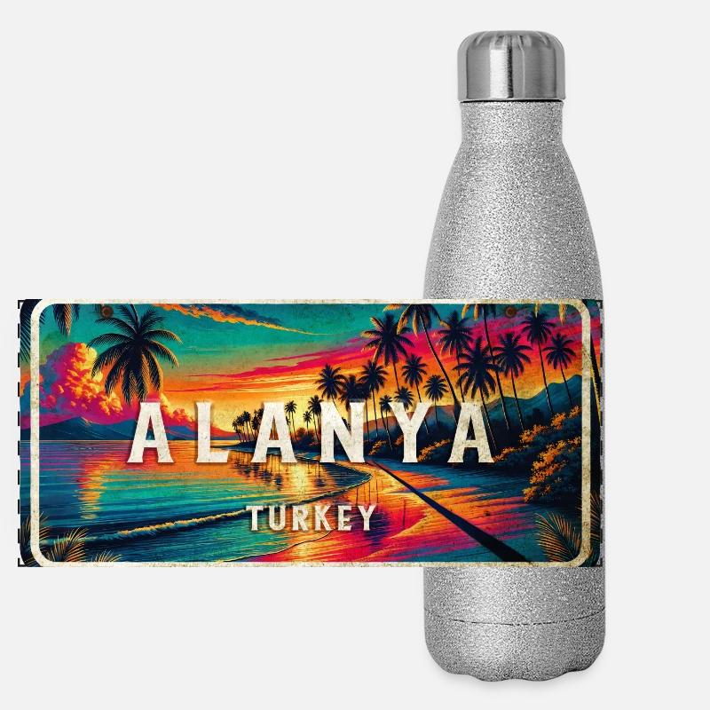 Panneau de coucher de soleil vintage Alanya Turkey Gourde isotherme panoramique pailletée 500 ml