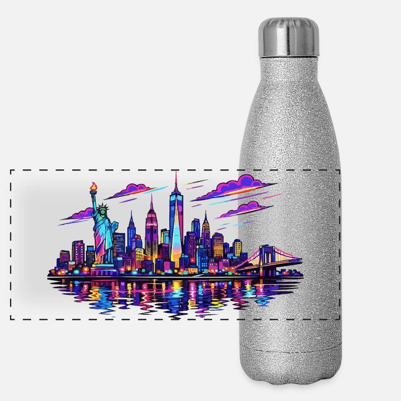 NYC Neon-Skyline Reflektion Panorama Glitzer Isolierflasche 500 ml