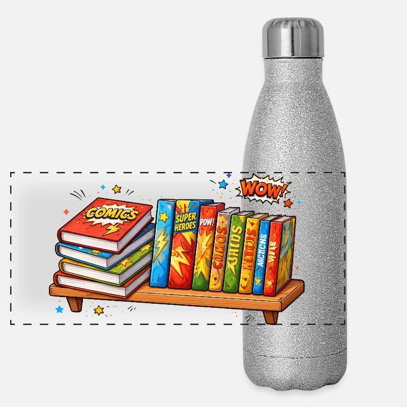 Regal mit Büchern Comic Cartoon Stil Panorama Glitzer Isolierflasche 500 ml