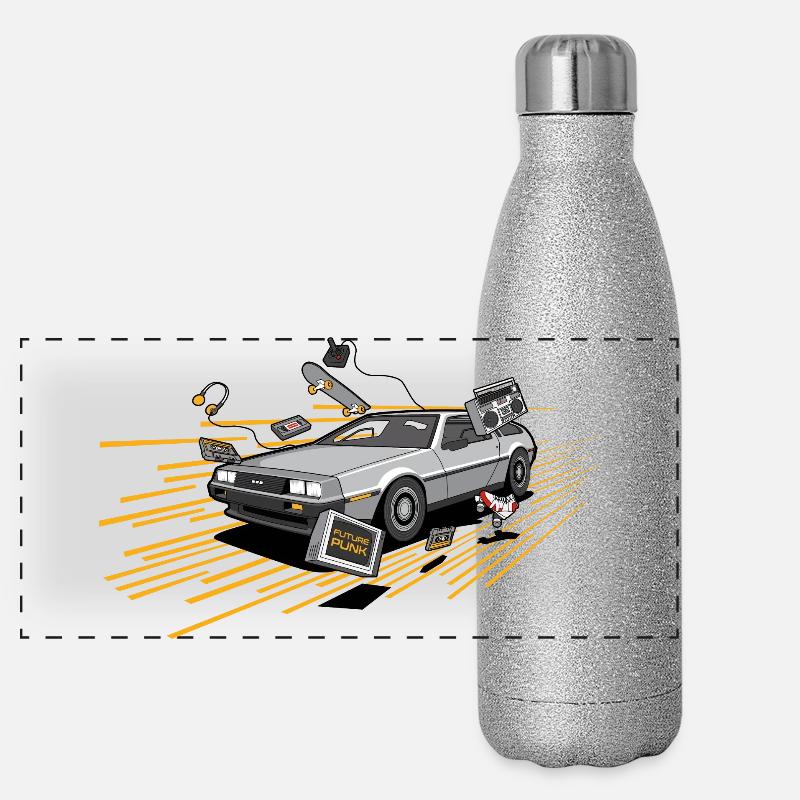 Delorean Oldtimer Youngtimer Retro Future yellow Panoramic Glitter Thermal Bottle 500 ml