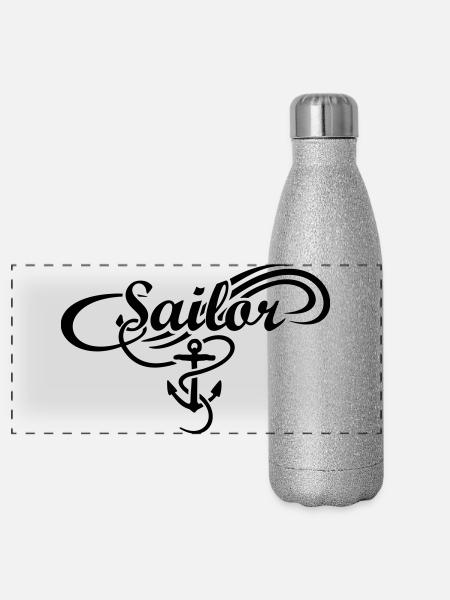 Sailor Anker Waves Segler Segel Segeln - Panorama Glitzer Isolierflasche 500 ml - Silber Glitzer - Vorne