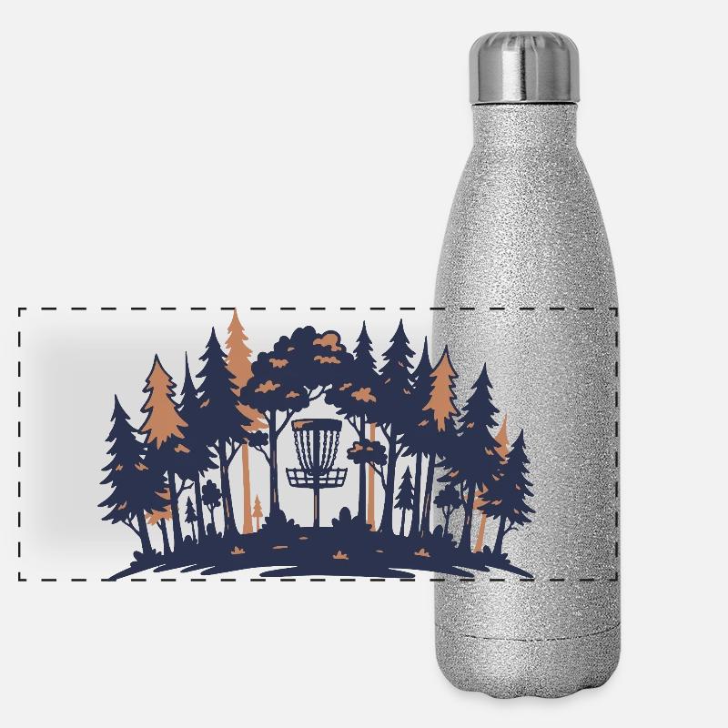 Disc-Golf-Szene Wald-Korb-Silhouette Panorama Glitzer Isolierflasche 500 ml