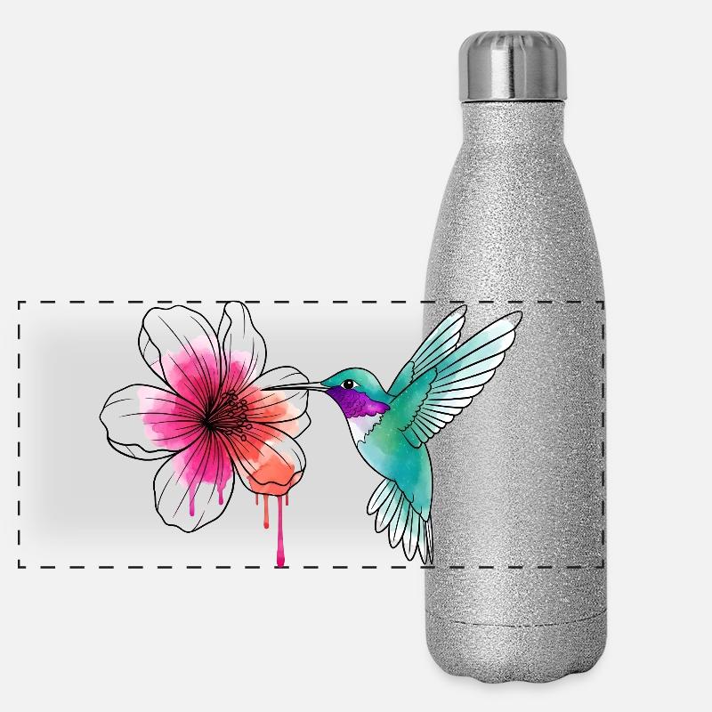 Colibri aquarelle avec hibiscus Gourde isotherme panoramique pailletée 500 ml