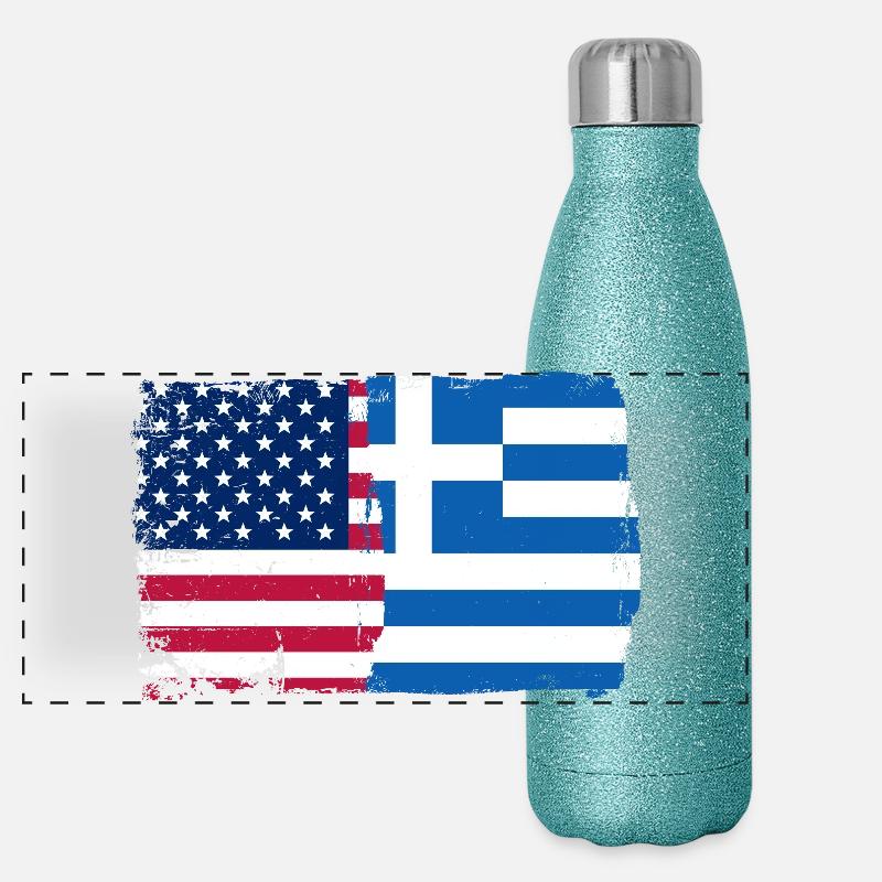 Fusion du drapeau de la Grèce des États-Unis Gourde isotherme panoramique pailletée 500 ml