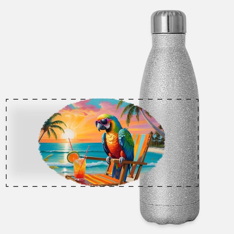 Perroquet sur la plage au coucher du soleil Gourde isotherme panoramique pailletée 500 ml