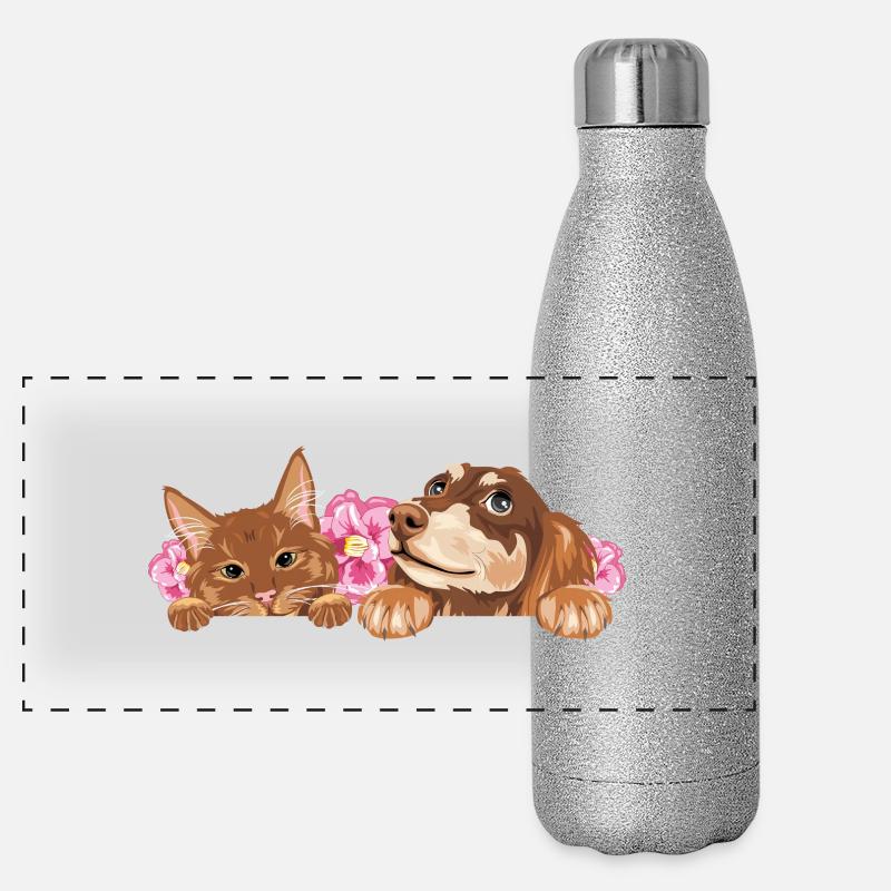 Chat roux mignon et teckel rêveur Gourde isotherme panoramique pailletée 500 ml