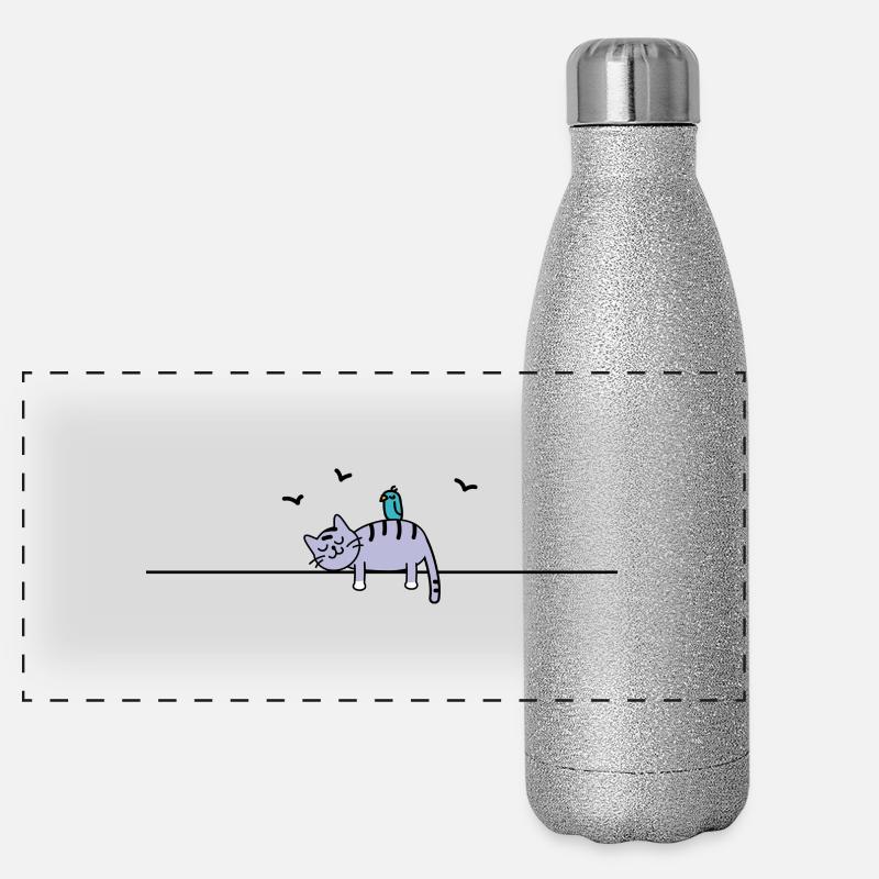 Schlafende Katze mit Vogel Panorama Glitzer Isolierflasche 500 ml